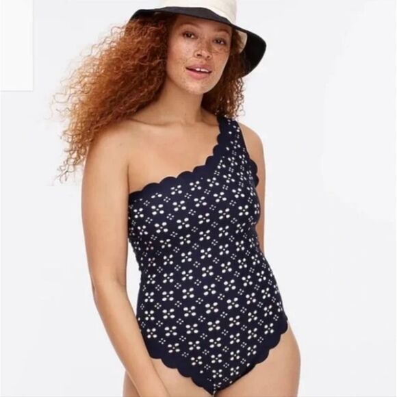 J. Crew Women's Scalloped one-shoulder swimsuit in laser-cut eyelet Navy Size 14 - Picture 1 of 10